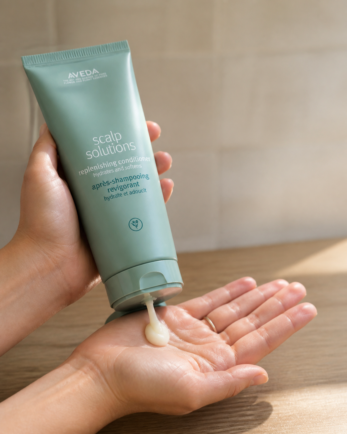 Mâini care storc tubul de balsam deasupra palmei deschise, pe un blat de lemn deschis din baie, lumină naturală din dreapta sus.
