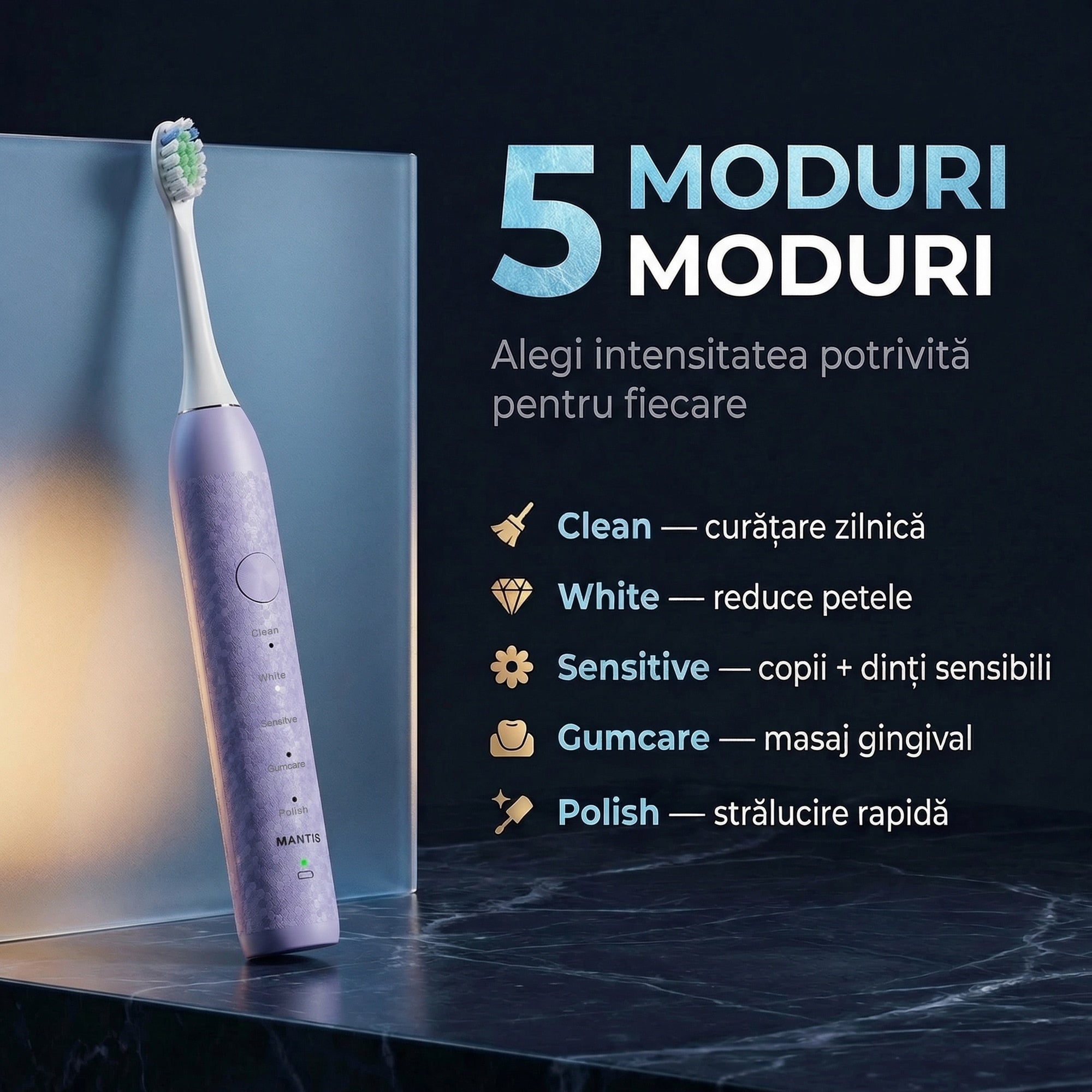 Periuta de Dinti Electrica Sonica MANTIS K1 Periuta Electrica Copii 6+ Ani si Adulti 5 Mod