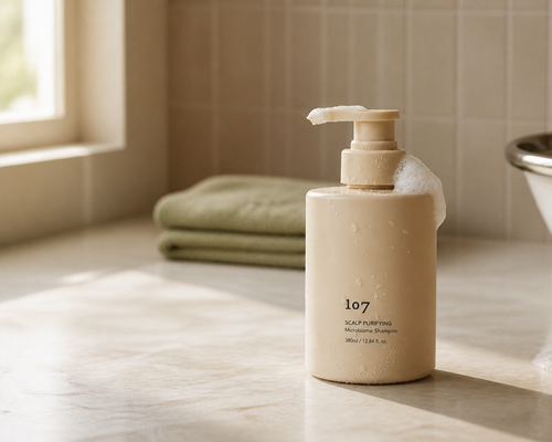 Flaconul de șampon 107 Beauty Scalp Purifying pe un blat de marmură deschisă într-o baie de acasă, lumină de la fereastră din stânga