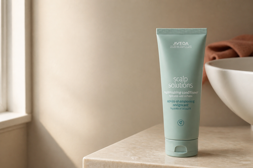Tubul de balsam Aveda Scalp Solutions, singur, în picioare pe o poliță de marmură deschisă dintr-o baie de acasă, lumină de fereastră din stânga, spațiu gol în partea stângă a cadrului.